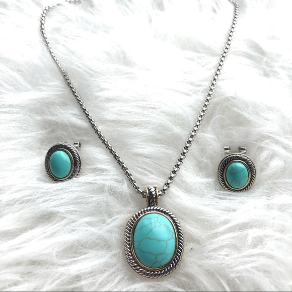 Turquoise Necklace and Earrings Jewelry Set -Round - Picture 2 of 5